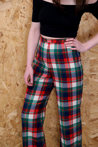 Green and White Check Wide Leg Trousers