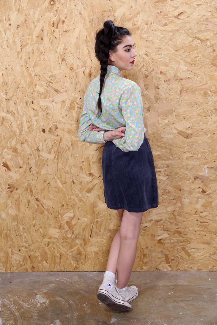 Blue Cord Zip Front Skirt