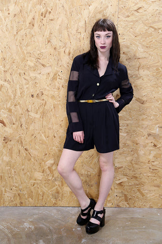 Black Collared Playsuit with Mesh Inserts