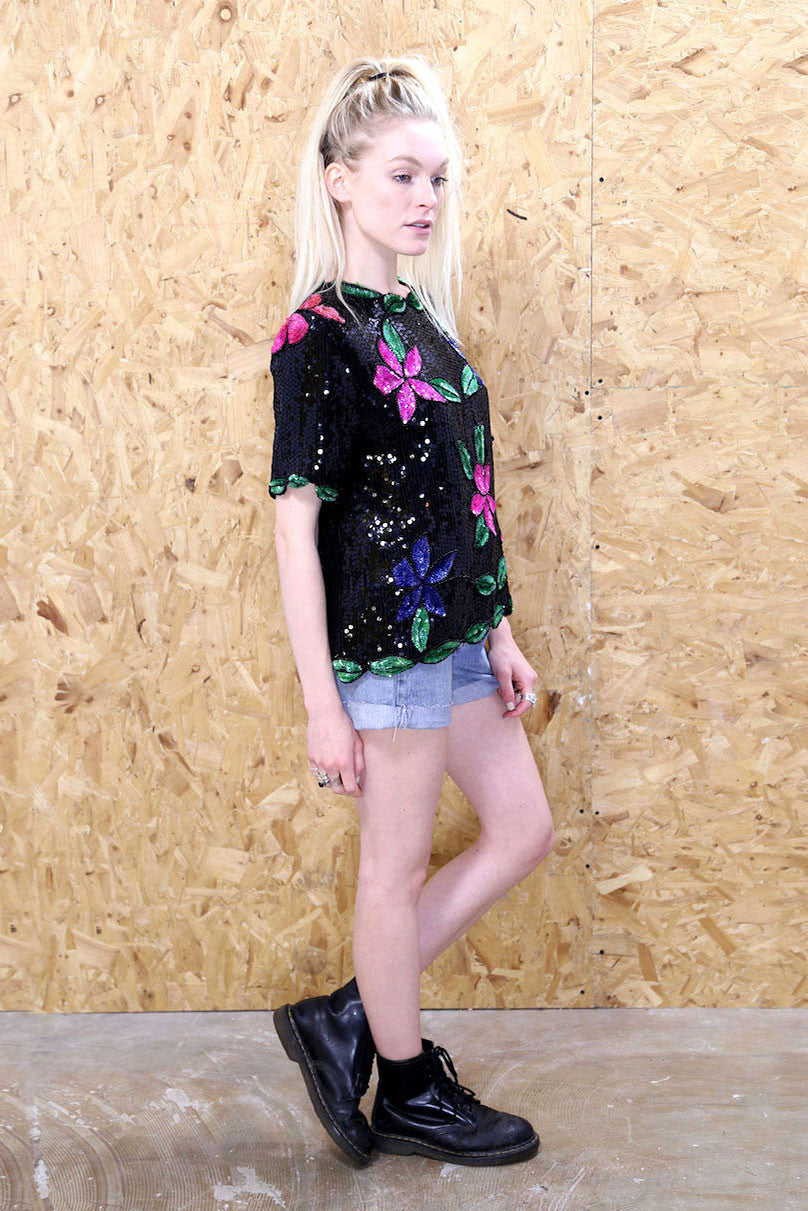 Floral Print Open Backed Sequin T-shirt
