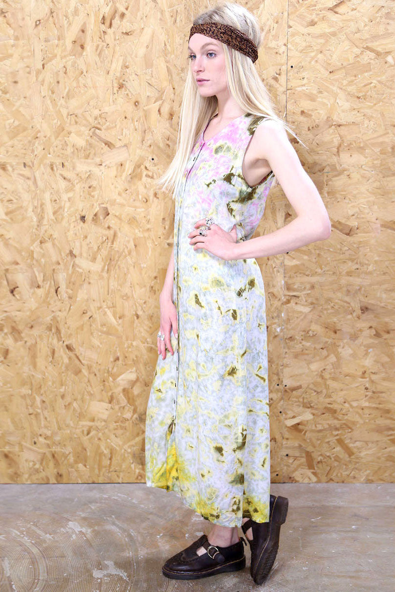 Boho Tie-Dye Effect Acid Wash Button Through Maxi Dress