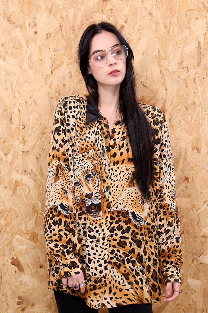 Bloomingdales Leather and Leopard Print Silk Shirt
