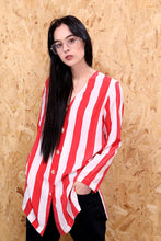 Collarless Red and White Striped Silk blouse
