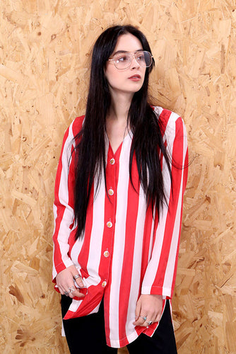 Collarless Red and White Striped Silk blouse