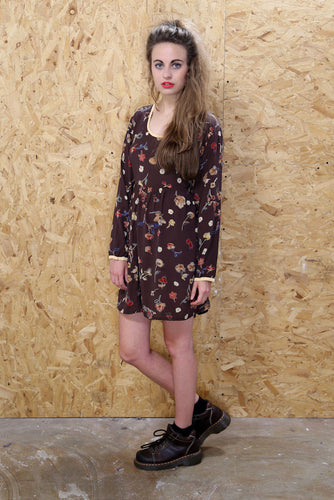 Brown Long Sleeved Floral Dress with Yellow Trim