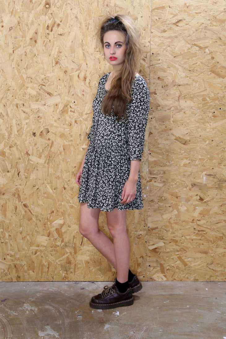 Black Long Sleeved Dress with Floral Print and Drop Waist